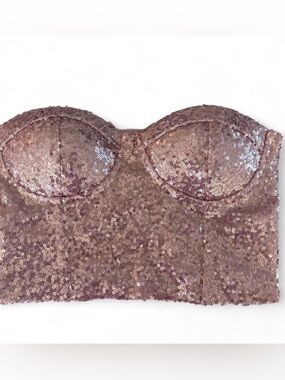 Charlotte Russe Rose-Gold Sequin Strapless Bustier Crop Bandeau Top Size S
